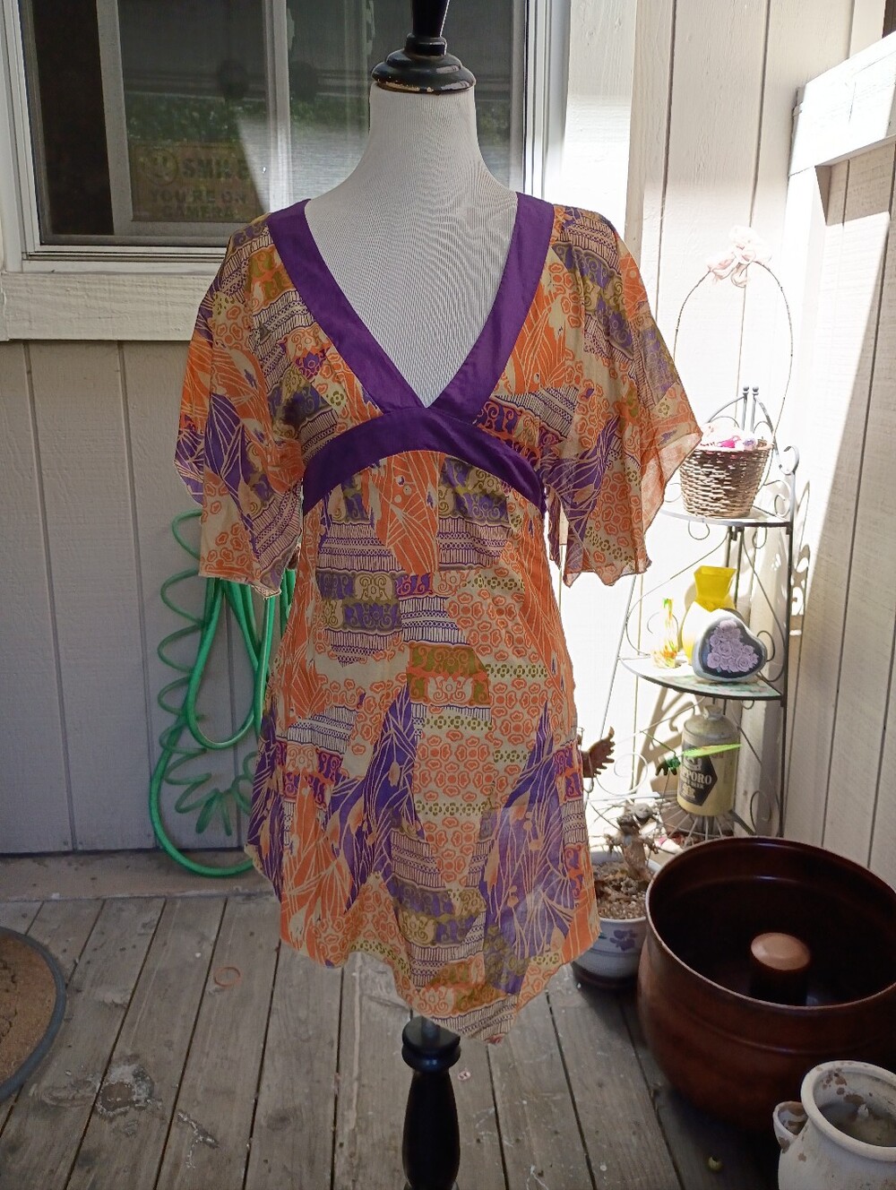Calvin Klein Orange and Purple Printed V-Neck Blouse
